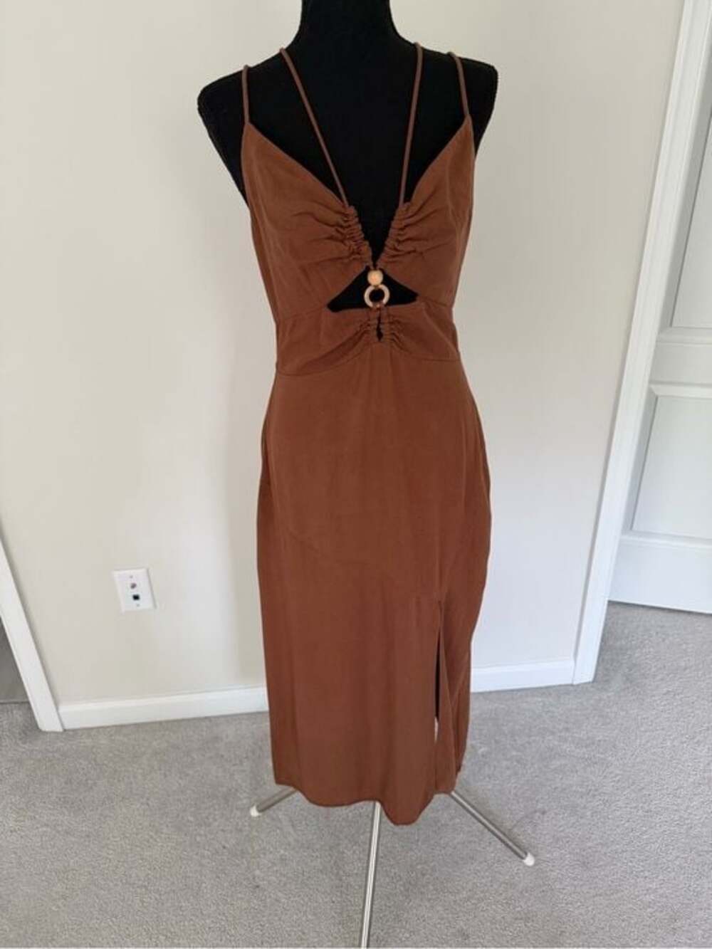 Zara Chocolate Brown Cutout Midi Dress Open Back Vacation Dress M